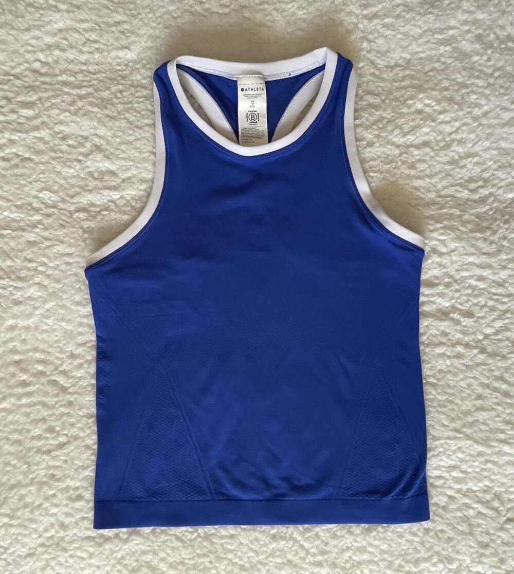 Athleta Womens XS Blue/White Racerback Cropped Tank Breathable Stretch Nylon